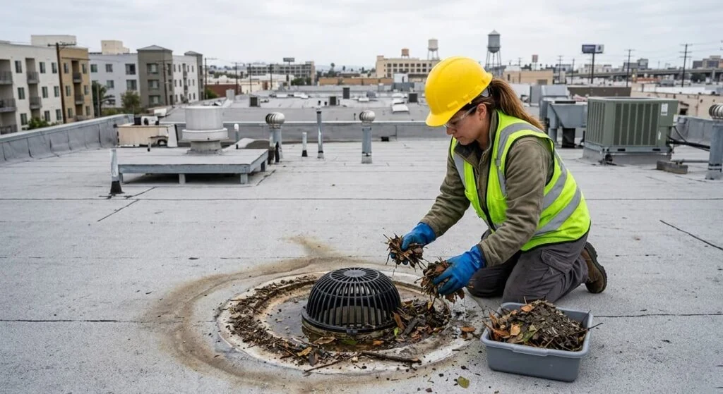 Commercial roof maintenance near a roof drain
